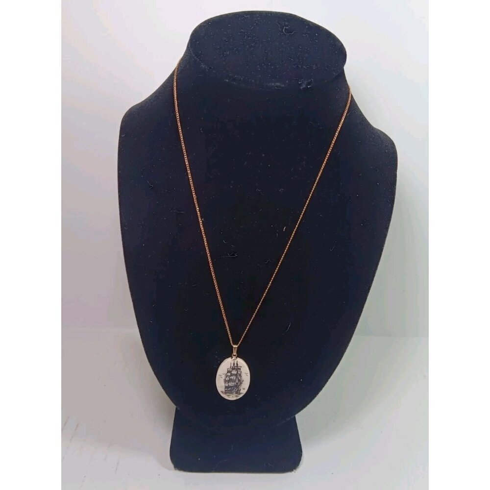 Vintage Scrimshaw Ship Pendant 14K GF Chain Necklace